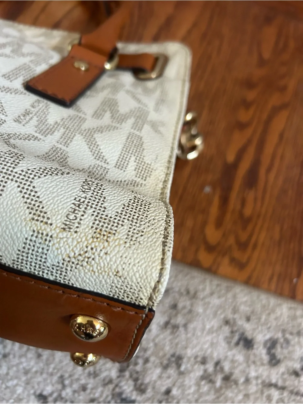 Michael Kors Cream and Tan Logo Satchel with Gold Hardware